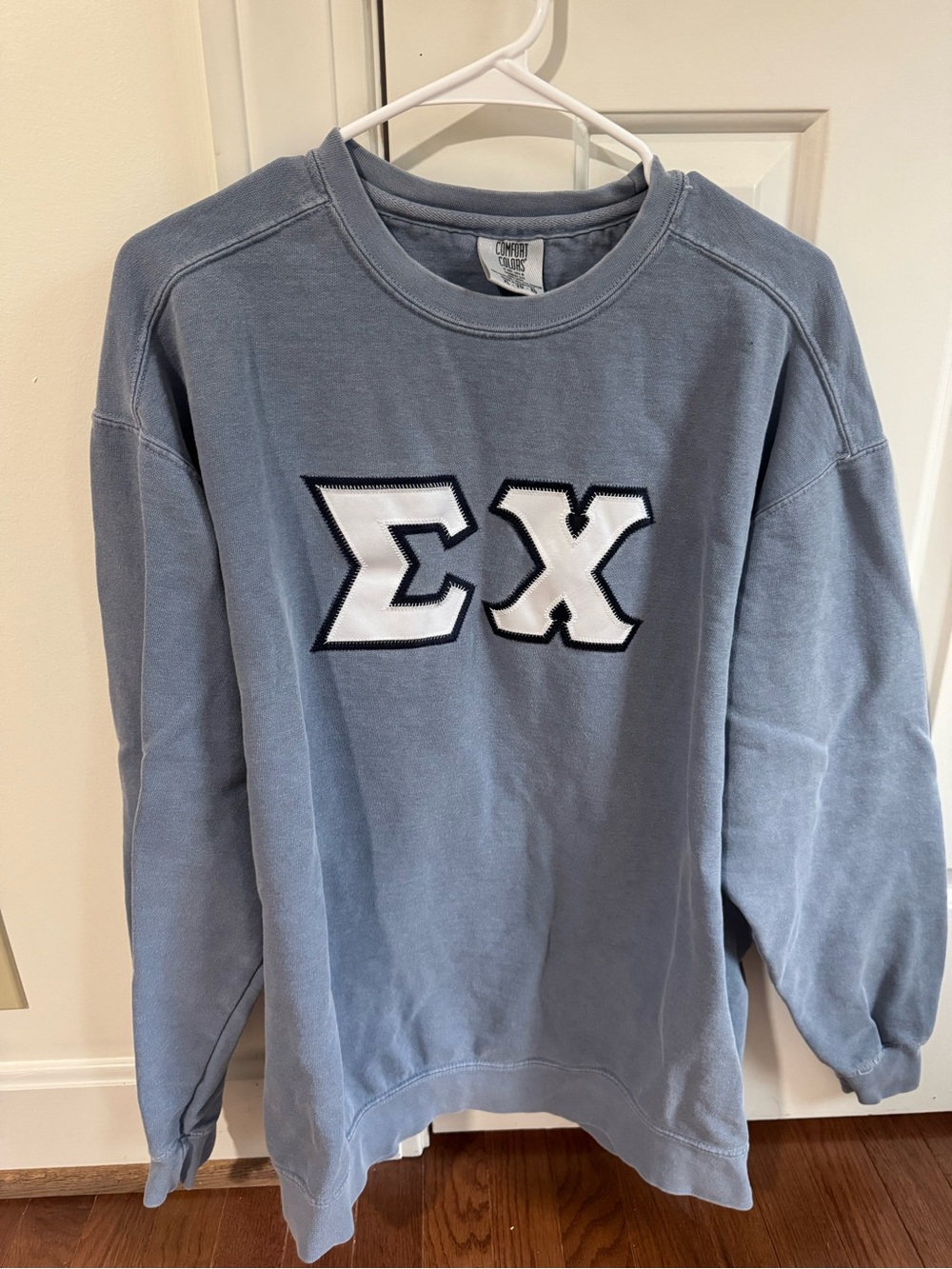 Sigma Chi (ΣX) Greek letters Blue Crewneck Sweatshirt with White Lettering